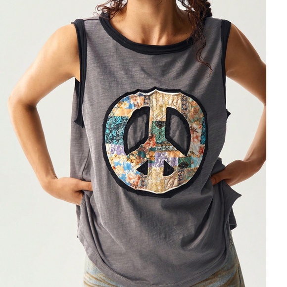 Boho Color block Floral print Peace Patchwork Tank Top - Picture 3 of 4